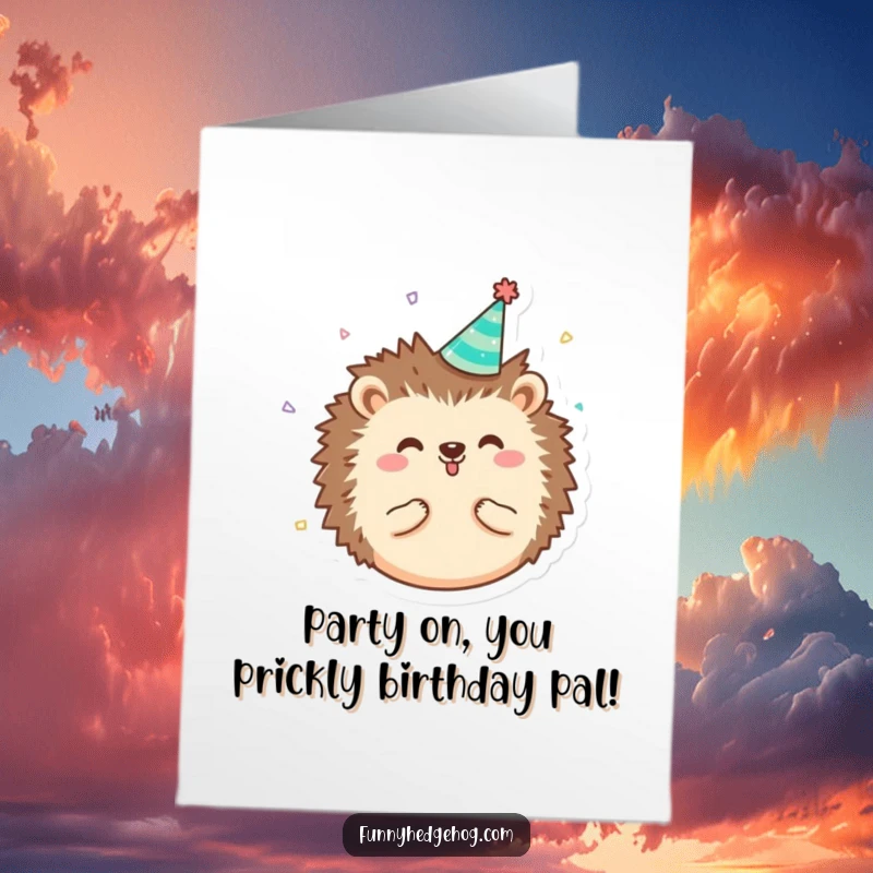 Funny Free Printable Hedgehog Birthday Card: a round, happy hedgehog wearing a tiny party hat and confetti, festive digital download.