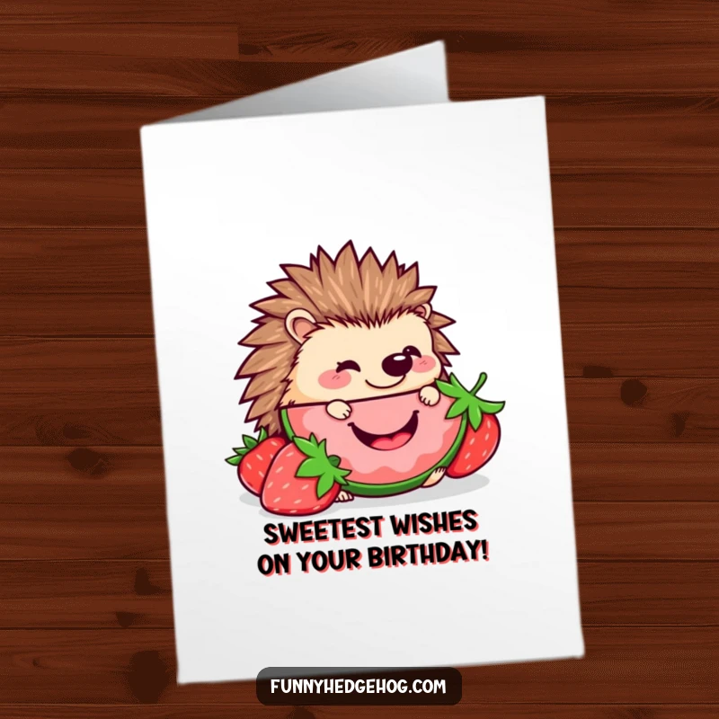 Funny Free Printable Hedgehog Birthday Card happily nibbling a giant smiling strawberry, cute downloadable card.