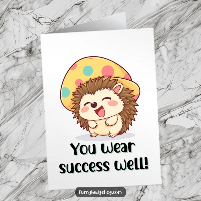 Funny Free Printable Congratulations Card: A hedgehog laughs heartily while sporting a ridiculously large and colorful party hat.