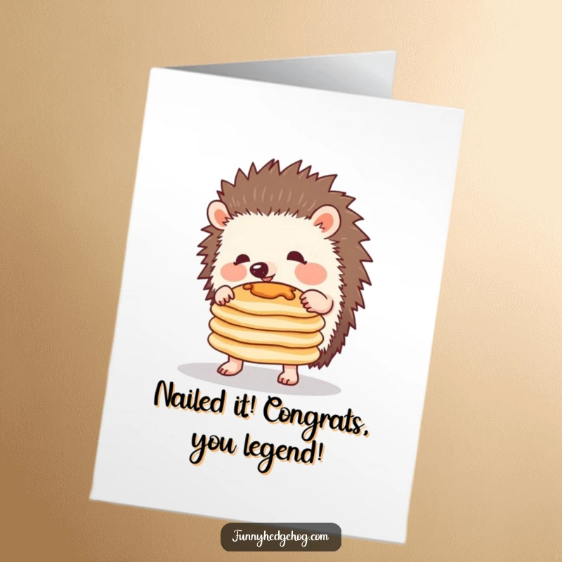 Funny Free Printable Congratulations Card: A hedgehog beams with pride, having successfully balanced a towering stack of pancakes.