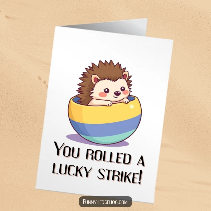 Funny Free Printable Congratulations Card: Kawaii hedgehog rolling inside a striped ball, celebrating success with momentum.