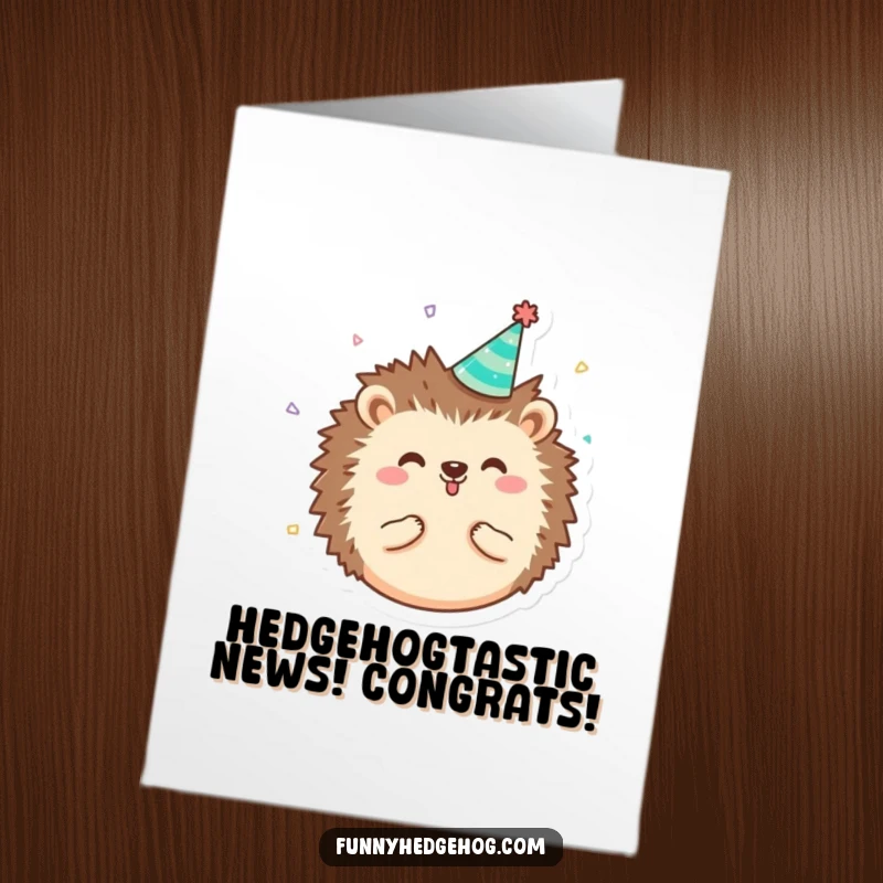 Funny Free Printable Hedgehog Congratulations Card featuring a happy hedgehog in a party hat with confetti, a unique downloadable.