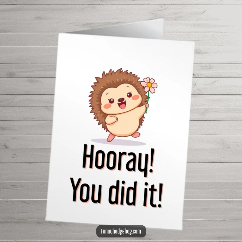 Funny Free Printable Congratulations Card: A joyful hedgehog hops playfully, a flower perched in its quills. Celebrating a special moment.
