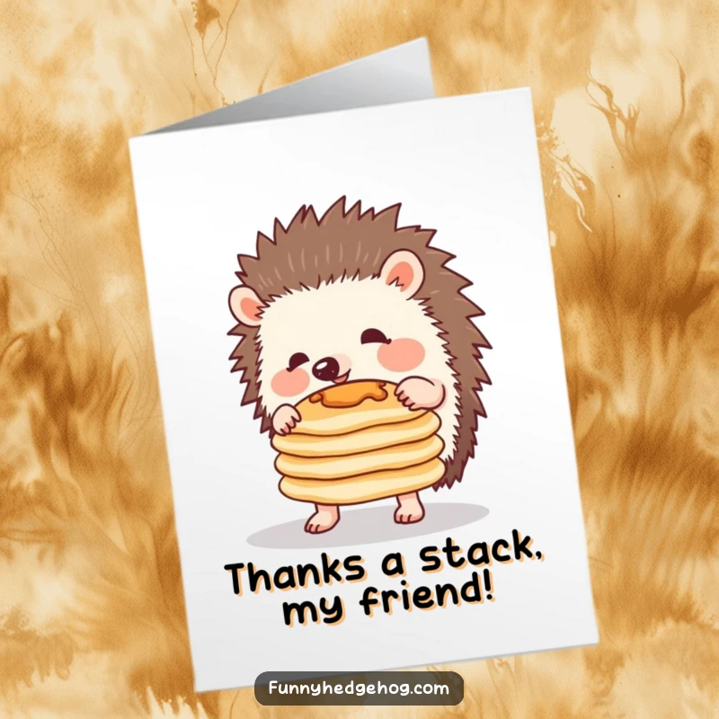 Funny Free Printable Thank You Card: A happy hedgehog holds up a small, perfectly stacked pile of pancakes.