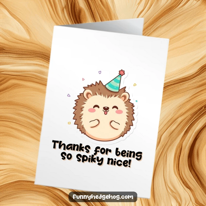 Funny Free Printable Hedgehog Thank You Card: a round, happy hedgehog in a party hat with confetti, a cute downloadable.