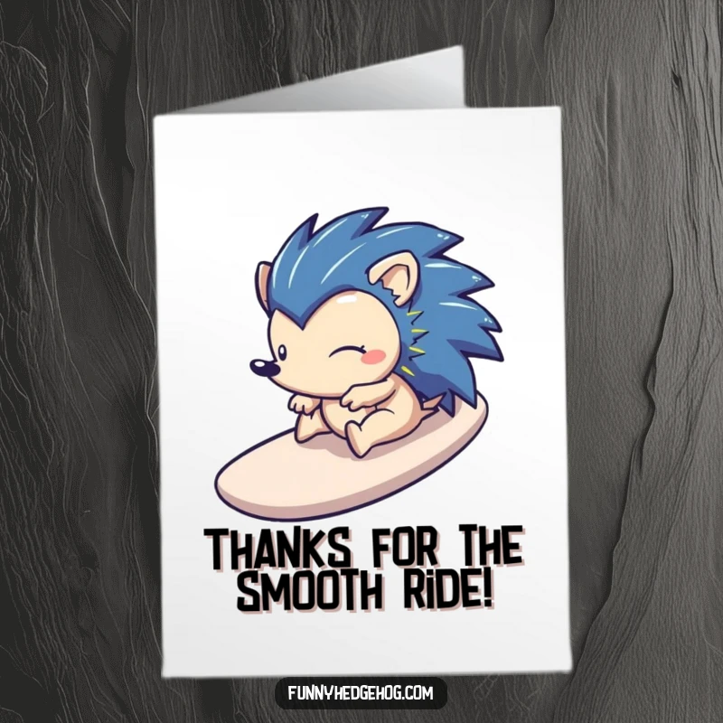 Funny Free Printable Thank You Card: A happy hedgehog zips down a stylized slide, sending thanks.