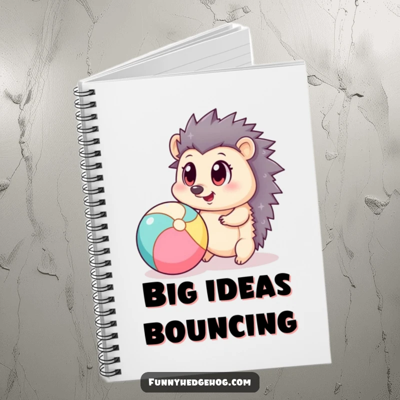 Funny notebook with a big-eyed hedgehog playfully bouncing a beach ball, ideal for jotting down bright ideas and fun plans.