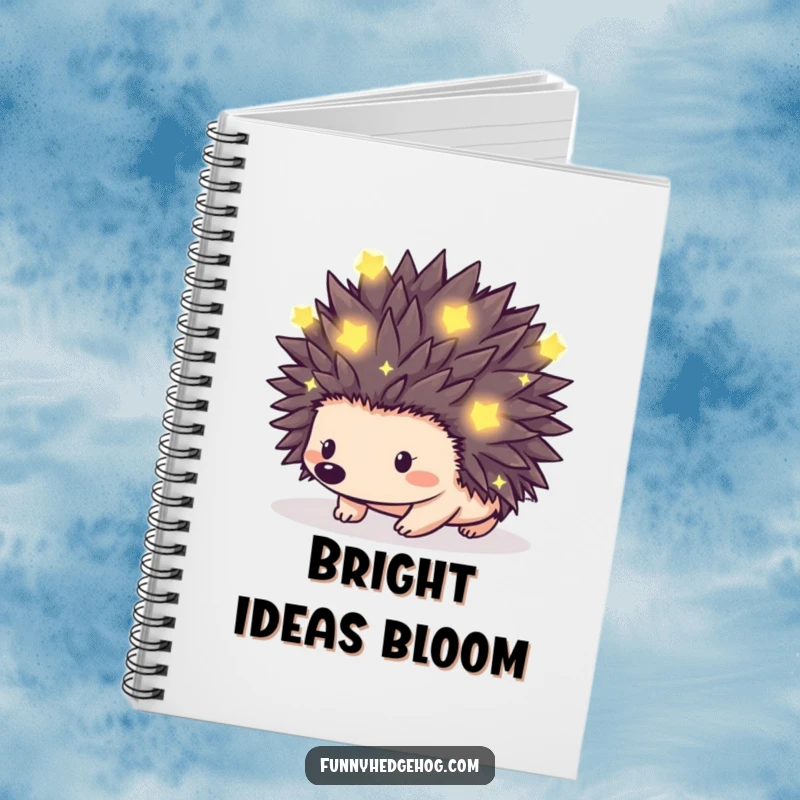 Funny notebook featuring a hedgehog with its spikes adorned with tiny, glowing fireflies, ideal for journaling and creative notes.