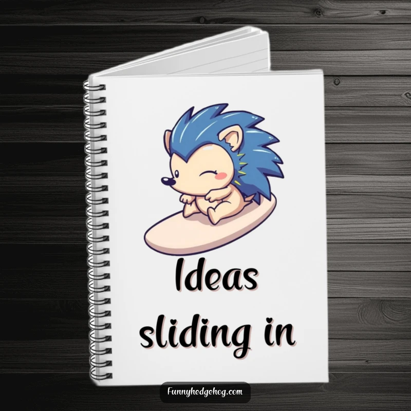 Funny notebook with a happy hedgehog sliding down a stylized slide, ideal for jotting down exciting thoughts and plans.
