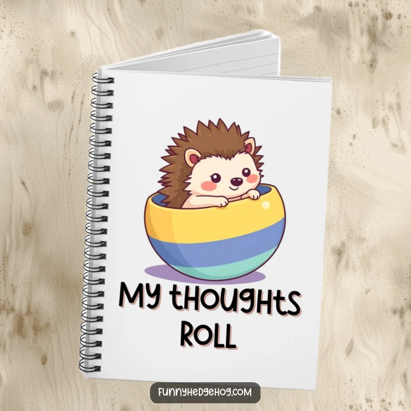 Funny kawaii hedgehog notebook, rolling inside a striped ball, perfect for jotting down playful notes with humor.