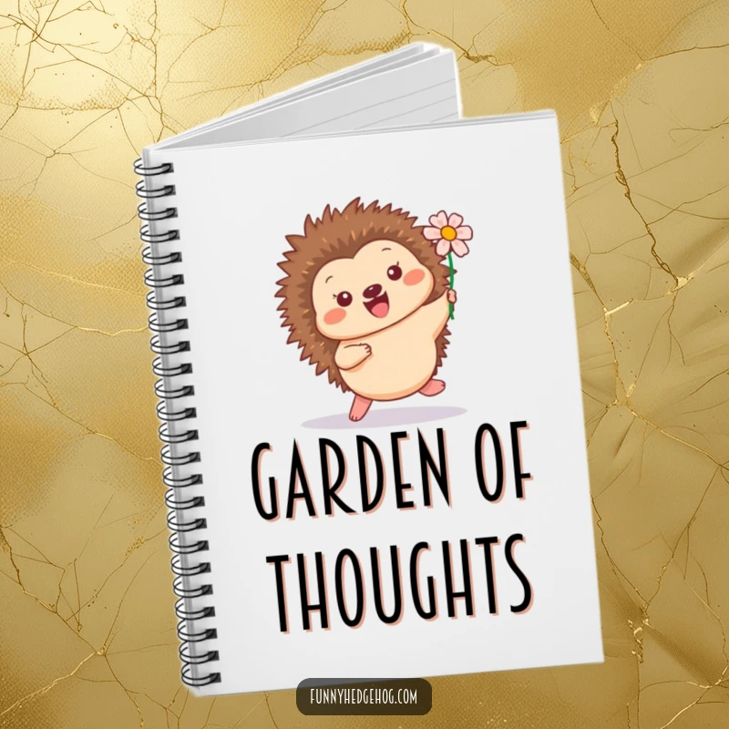 Funny notebook featuring a happy hedgehog hopping with a flower in its quills, perfect for journaling and creative writing.