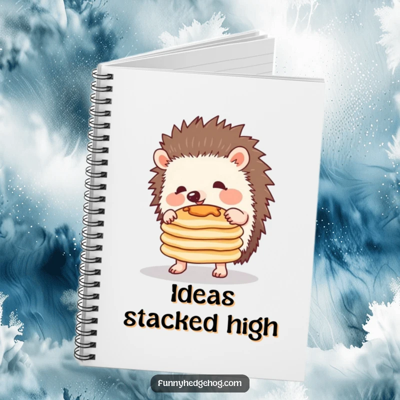 Funny notebook featuring a determined hedgehog balancing a stack of pancakes, ideal for jotting down funny thoughts and plans.