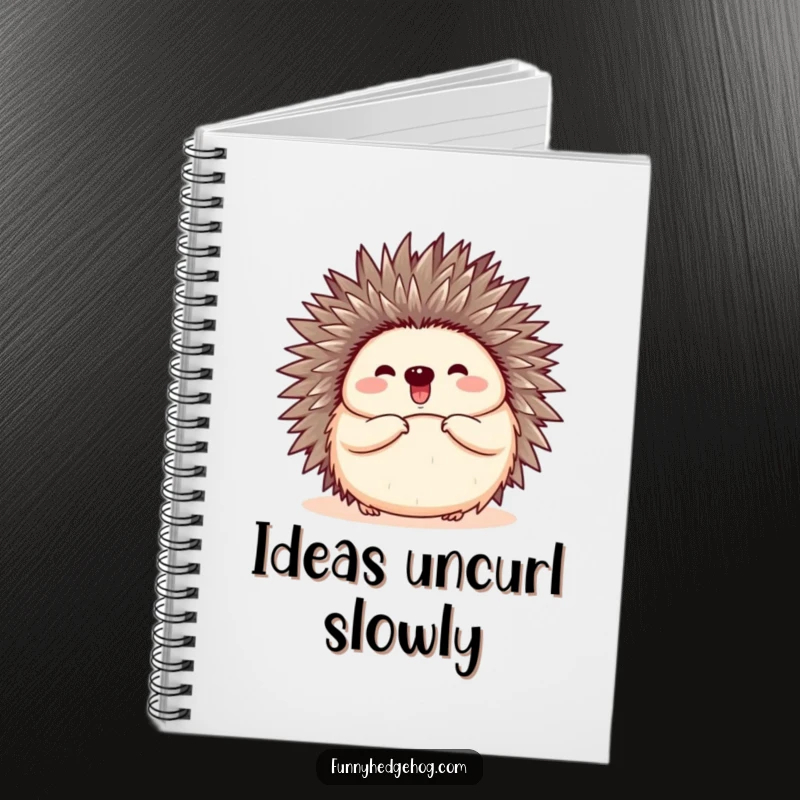 Funny notebook cover featuring a hedgehog curled into a ball and then happily popping open with a joyful expression.