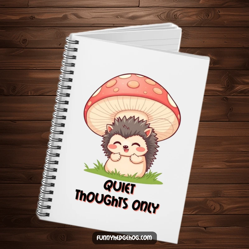 Funny notebook with a shy hedgehog peeking from behind a large smiling mushroom, designed for journaling and creative writing.
