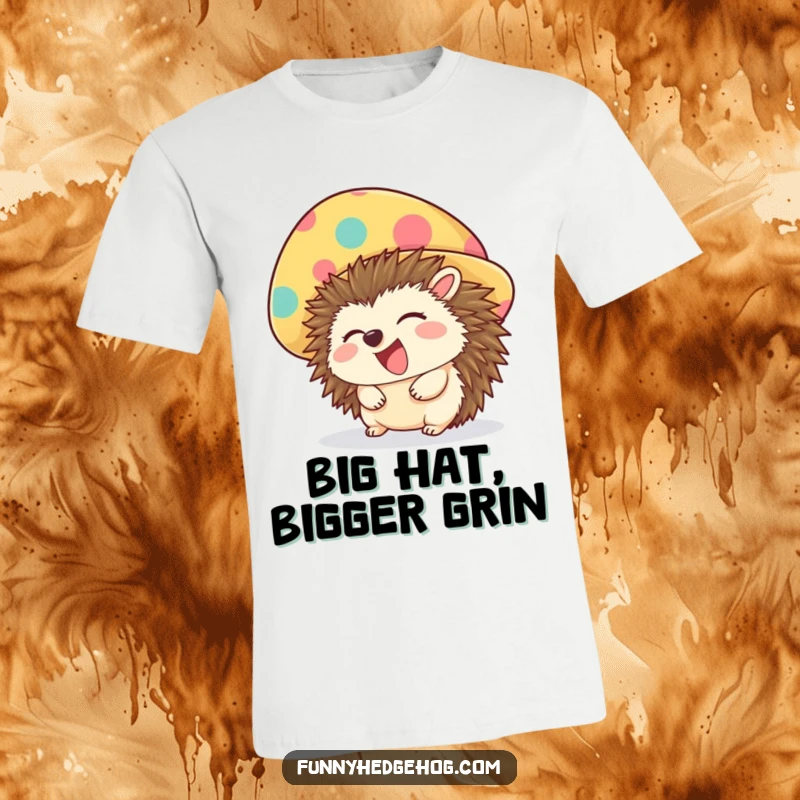 Funny T-shirt featuring a giggling hedgehog enthusiastically wearing an oversized, brightly colored hat, exuding delightful merriment.