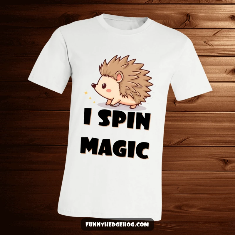 Funny t-shirt featuring a hedgehog shape spinning rapidly, leaving a trail of shimmering, sparkling dust, perfect for active individuals.
