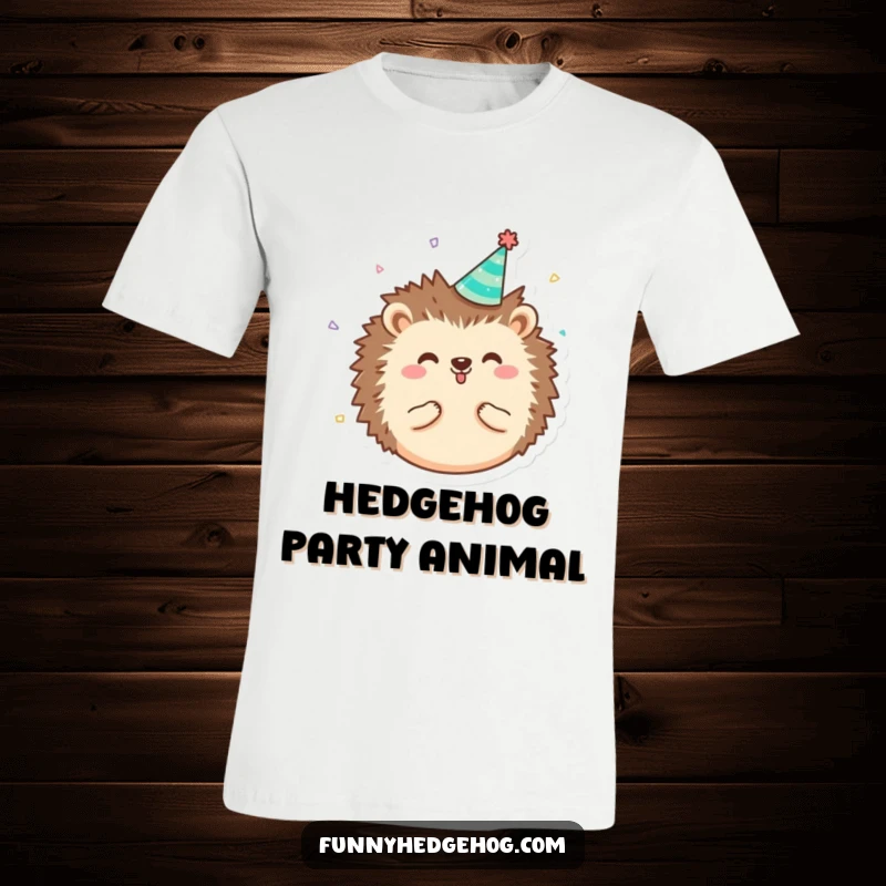 Funny round, happy hedgehog t-shirt wearing a tiny party hat with confetti, great for humorous gifting and celebrations.