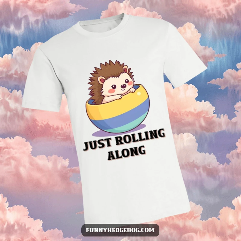 Funny kawaii hedgehog t-shirt, rolling energetically inside a striped ball, a cute and humorous design.