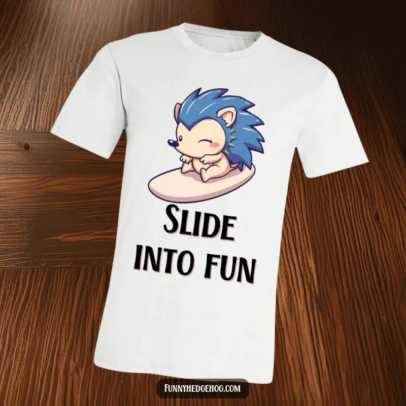 Funny T-shirt with a cheerful hedgehog enjoying a swift slide down a stylized slope, capturing a moment of pure, exhilarating fun.