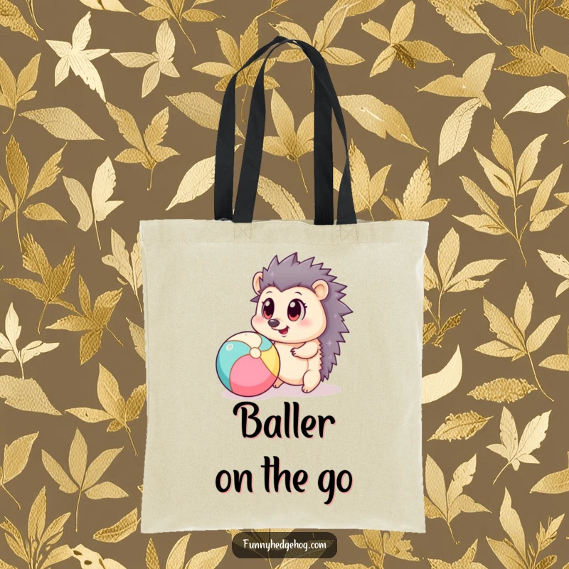Funny tote bag with a big-eyed hedgehog energetically bouncing a beach ball, perfect for carrying essentials with a playful touch.