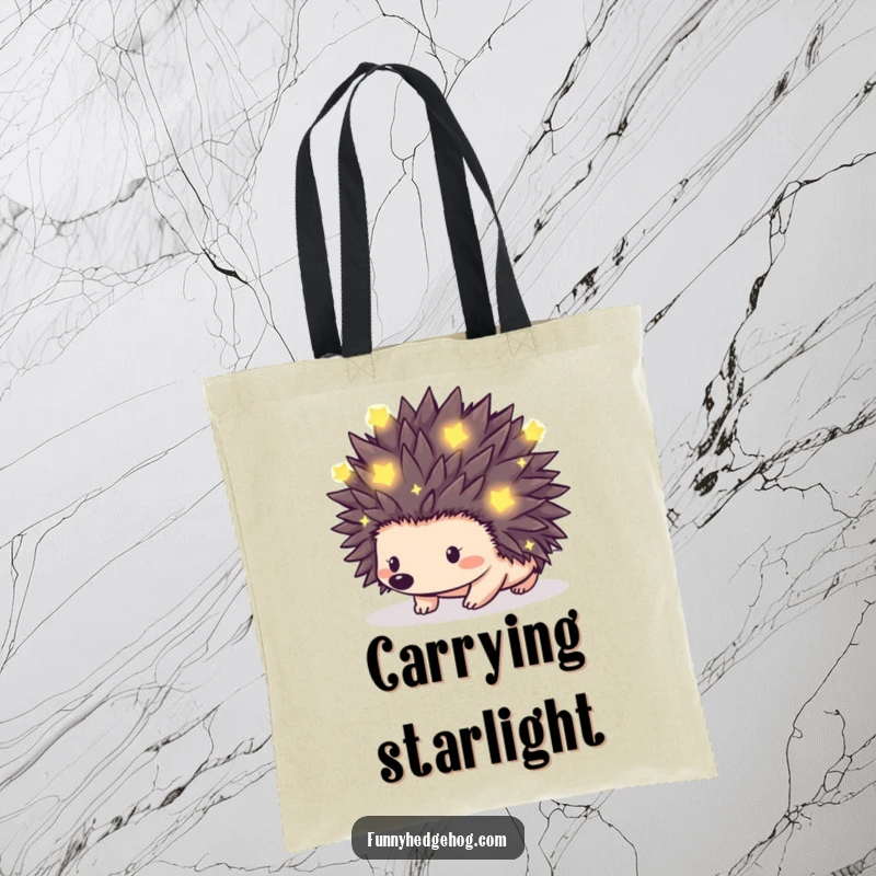 Funny tote bag featuring a hedgehog with spikes twinkling with tiny, glowing fireflies, perfect for carrying essentials with flair.