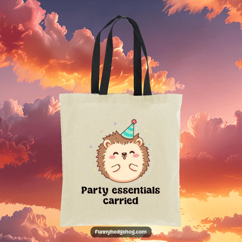 Funny round, happy hedgehog character tote bag wearing a tiny party hat with confetti, for humorous and festive daily use.