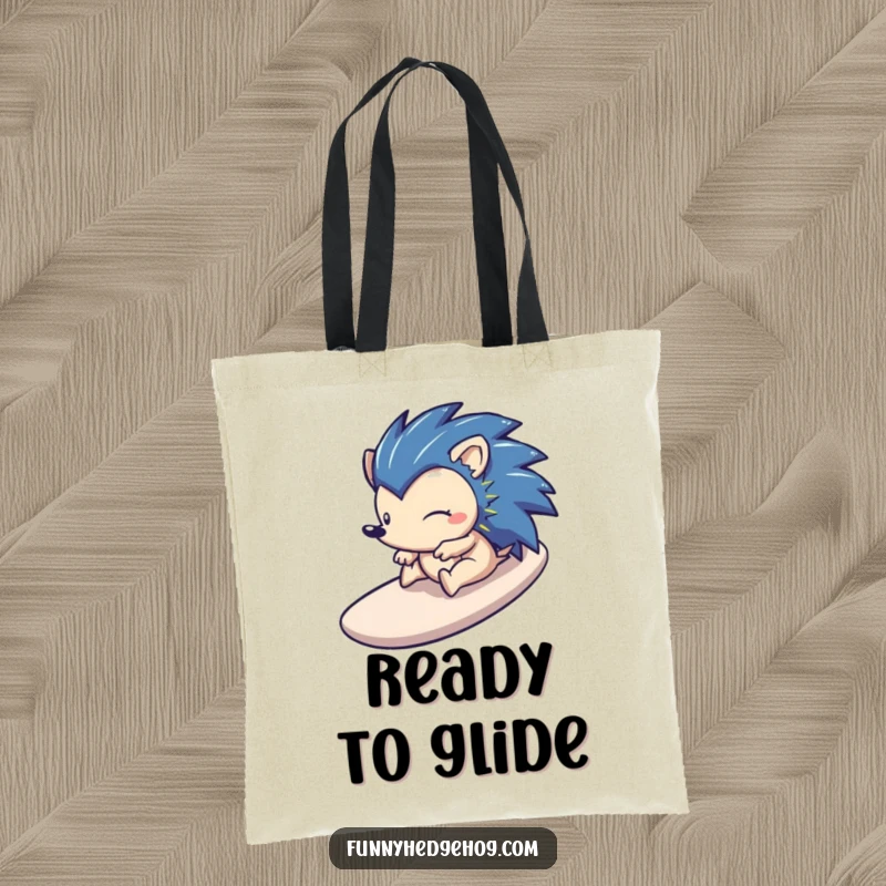 Funny tote bag with a happy hedgehog sliding down a stylized slide, perfect for carrying essentials with a touch of playful adventure.