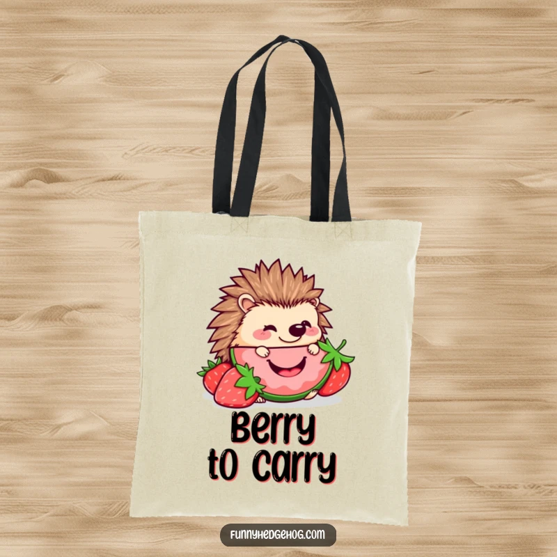 Funny Hedgehog Strawberry Tote Bag: A kawaii hedgehog happily nibbling a large strawberry slice, showcasing a love for sweet treats humorously.