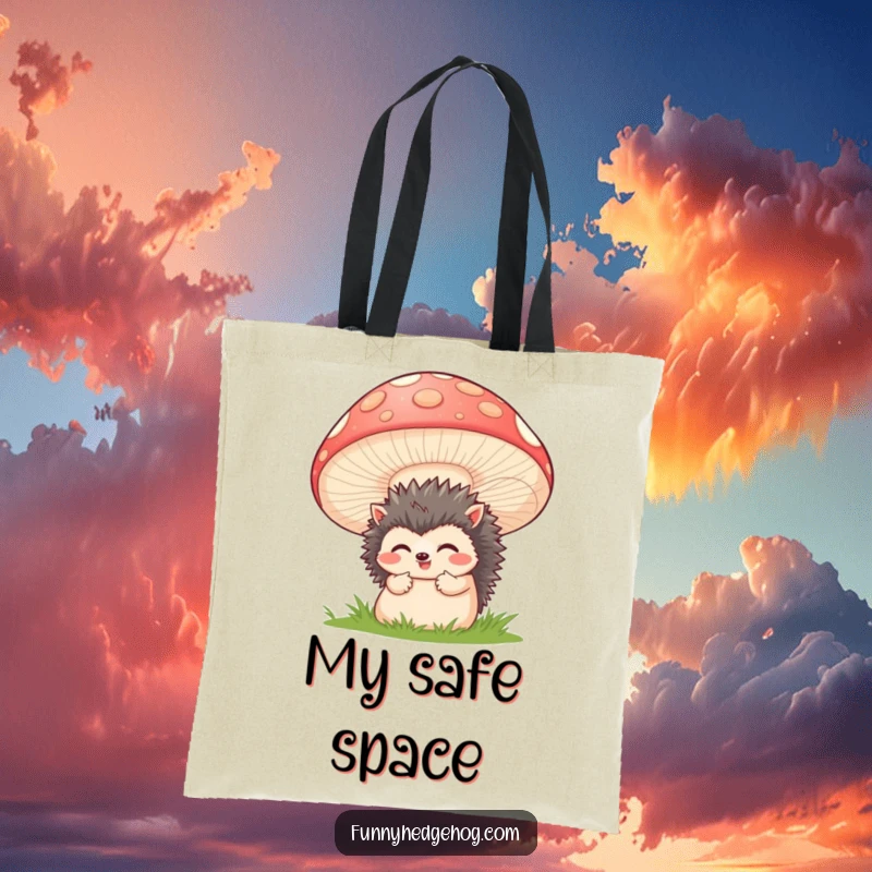 Funny tote bag with a shy hedgehog peeking from behind a large smiling mushroom, great for shopping and daily commutes.